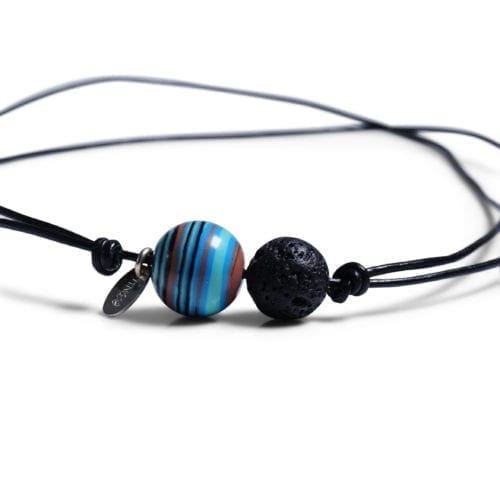Blå/Sort minimalistisk halskæde - lædersnor med stribet Agat og Lava