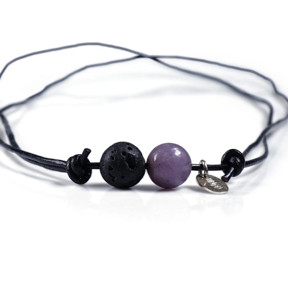 Sort/lilla minimalistisk halskæde - lædersnor med Agat og Lava